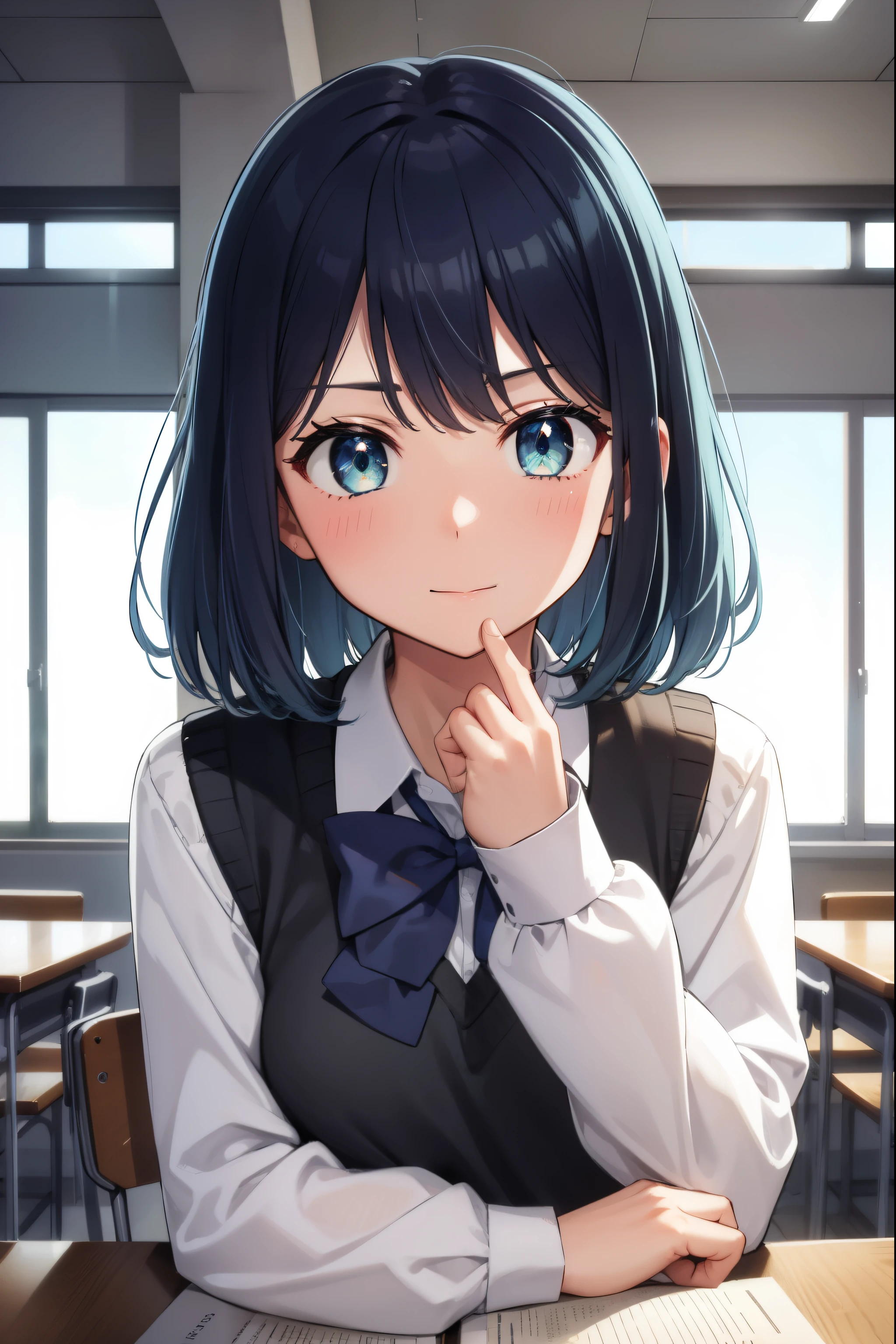 akanekurokawa, akane kurokawa, aqua eyes, blue hair, medium hair, sidelocks,
BREAK black sweater vest, blue bow, blue bowtie, bow, bowtie, collared shirt, long sleeves, puffy sleeves, , shirt, sweater vest, white shirt,
BREAK looking at viewer,
BREAK indoors, classroom,
BREAK (masterpiece:1.2), best quality, high resolution, unity 8k wallpaper, (illustration:0.8), (beautiful detailed eyes:1.6), extremely detailed face, perfect lighting, extremely detailed CG, (perfect hands, perfect anatomy),