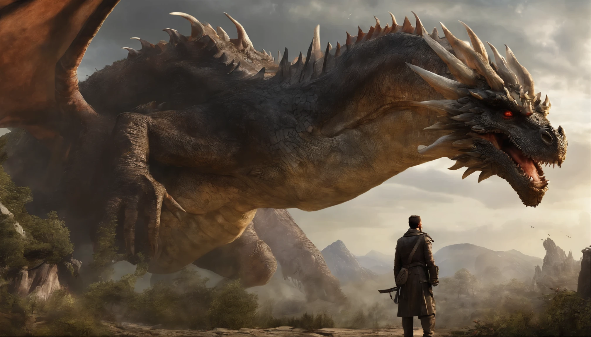 araffe with huge wings and a man standing in front of a giant dragon, colossal dragon in background, battle with dragon, dragon in the background, i just saw a huge dragon, black dragon, giant kaiju dragon monster, epic dragon, giant dragon flying in the sky, colossal dragon as background, a majestic gothic dragon, giant fantasy creatures