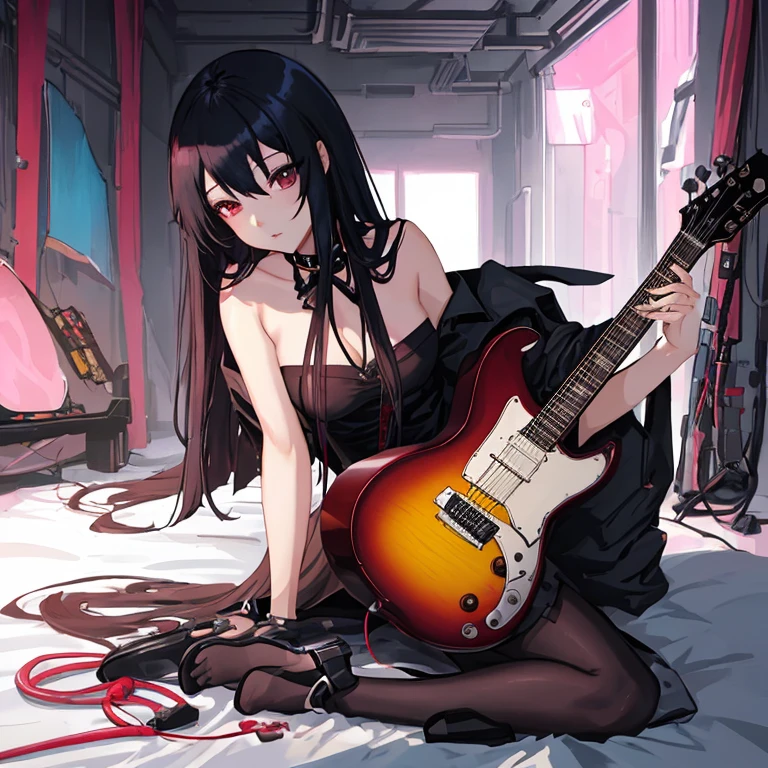 there is a woman that is laying down on a bed,holding guitars, Guviz-style artwork, style of anime4 K, Ross Tran 8 K, Digital cyberpunk anime art, Guweiz in Pixiv ArtStation, Guweiz on ArtStation Pixiv, e - girl, E-Girl, cyberpunk anime girl, Fanart Meilleure ArtStation,lean legs,blacksilk