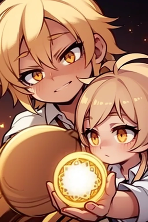 A blonde haired angel with hazel eyes is playing with a ball of light
