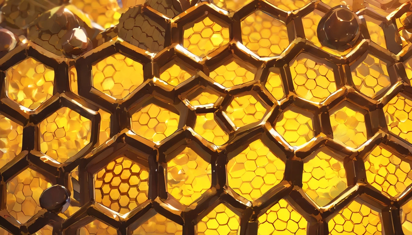 An aesthetic wallpaper featuring a detailed close-up of the texture of a metal plate with honeycombs, with realistic lighting and shading, creating a sleek and modern backdrop for design projects