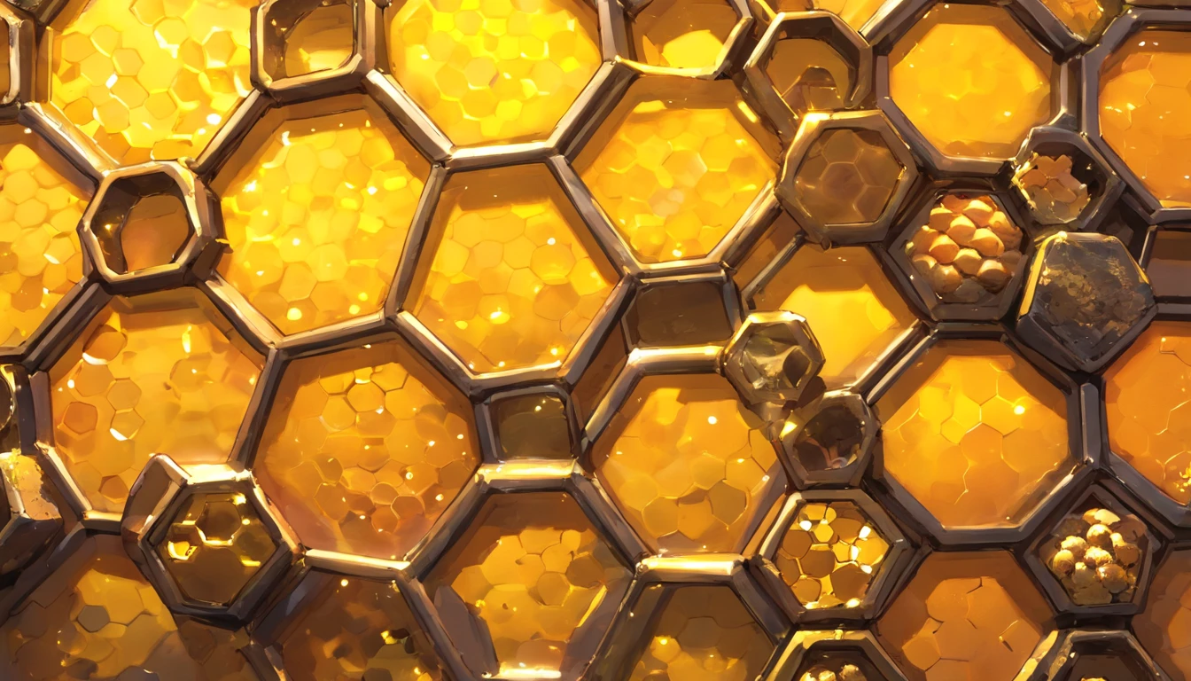 An aesthetic wallpaper featuring a detailed close-up of the texture of a metal plate with honeycombs, with realistic lighting and shading, creating a sleek and modern backdrop for design projects