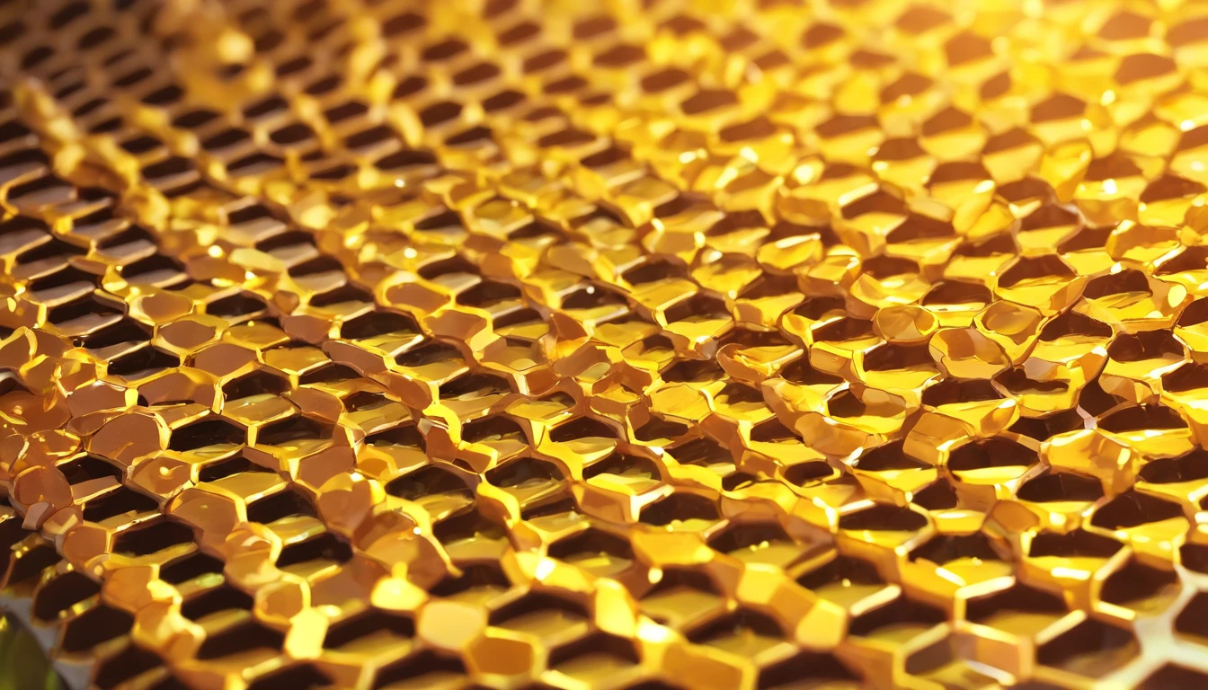An aesthetic wallpaper featuring a detailed close-up of the texture of a metal plate with honeycombs, with realistic lighting and shading, creating a sleek and modern backdrop for design projects