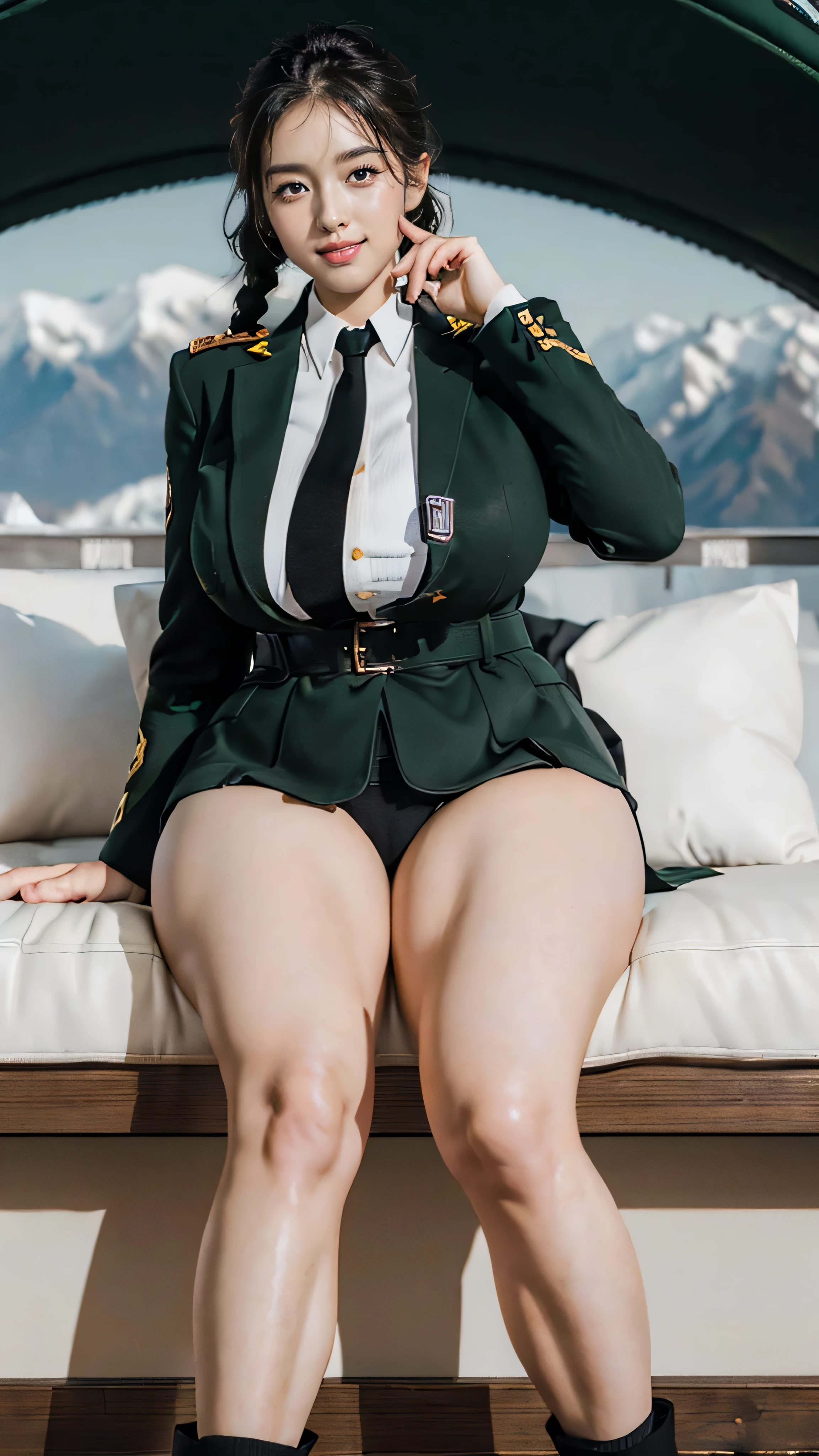 Typically detailed CG Unity 8K wallpapers，（masterpiece），（best quality），（Super detailed），（Super real photos），（Best character details：1.36），Nikon D750F / 1.4 55mm，original photo，professional lighting， Physically based rendering, 1 plump girl, female soldier，(Dark green military uniform，(Dark green military uniform)，business suit，Fabric texture military uniform, Perfect military calm)，(Wear a plain white shirt under the jacket:1.25)，(black tie)，((Black panty,))，bare legs，plump thighs,military cap，Large wavy curls，Do not tie your hair，Short hair details，Twist braids)，golden ratio,[:(Have a delicate face:1.2):0.2]:，pure face_v1，thick bushy eyebrows,(huge breasts:1.55),(huge ass),(plump thighs:1.45),(wide hips:1.55),((Place your finger to your mouth):1.4)，close-up，((Smile full of confidence， Shy，on snowy mountains):1.35)，(((Close-up of panties),Close-up of chest,face close-up,Front view，))，(sunset sky，gentlesunlight，sunshine on face，(light shining on face)，blue sky，sunny smile，brilliance)，white teeth，(look at me)，(((Tik, bbw sauce, Thick and tight, wide hips, Buttocks swell crazily,🐎🍑,(Spread your legs apart:1.2),attractive pose,sexy pose,standing split, Bare thighs, bare legs, seduct smile, film grain, Cinema lighting) )，azure lane style),spread legs,