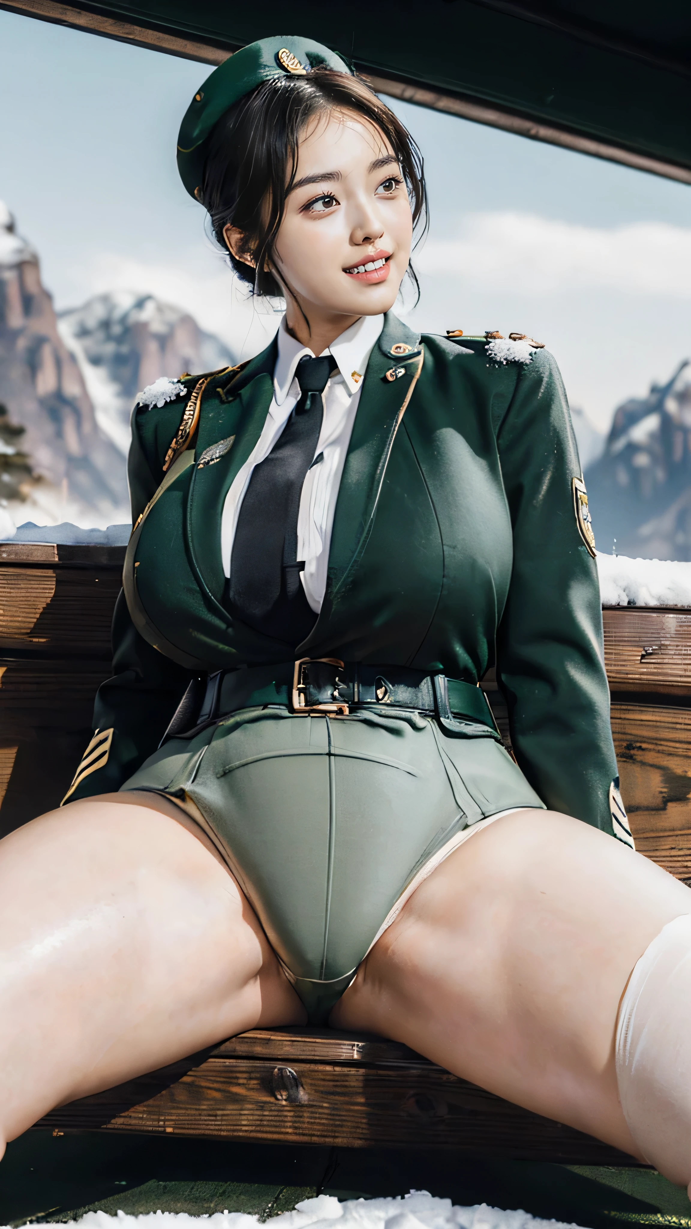 Typically detailed CG Unity 8K wallpapers，（masterpiece），（best quality），（Super detailed），（Super real photos），（Best character details：1.36），Nikon D750F / 1.4 55mm，original photo，professional lighting， Physically based rendering, 1 plump girl, female soldier，(Dark green military uniform，(Dark green military uniform)，business suit，Fabric texture military uniform, Perfect military calm)，(Wear a plain white shirt under the jacket:1.25)，(black tie)，((Black panty,))，bare legs，plump thighs,military cap，Large wavy curls，Do not tie your hair，Short hair details，Twist braids)，golden ratio,[:(Have a delicate face:1.2):0.2]:，pure face_v1，thick bushy eyebrows,(huge breasts:1.55),(huge ass),(plump thighs:1.45),(wide hips:1.55),((Place your finger to your mouth):1.4)，close-up，((Smile full of confidence， Shy，on snowy mountains):1.35)，(((Close-up of panties),Close-up of chest,face close-up,Front view，))，(sunset sky，gentlesunlight，sunshine on face，(light shining on face)，blue sky，sunny smile，brilliance)，white teeth，(look at me)，(((Tik, bbw sauce, Thick and tight, wide hips, Buttocks swell crazily,🐎🍑,(Spread your legs apart:1.5),attractive pose,sexy pose,standing split, Bare thighs, bare legs, seduct smile, film grain, Cinema lighting) )，azure lane style),spread legs,