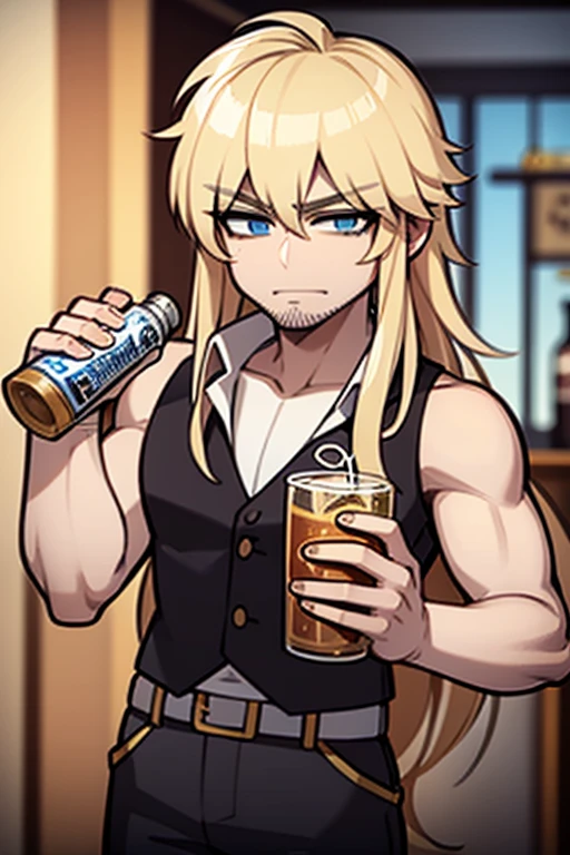 A muscular blonde haired man with blue eyes and long hair and a dark beard is holding a bottle of beer in a busy bar