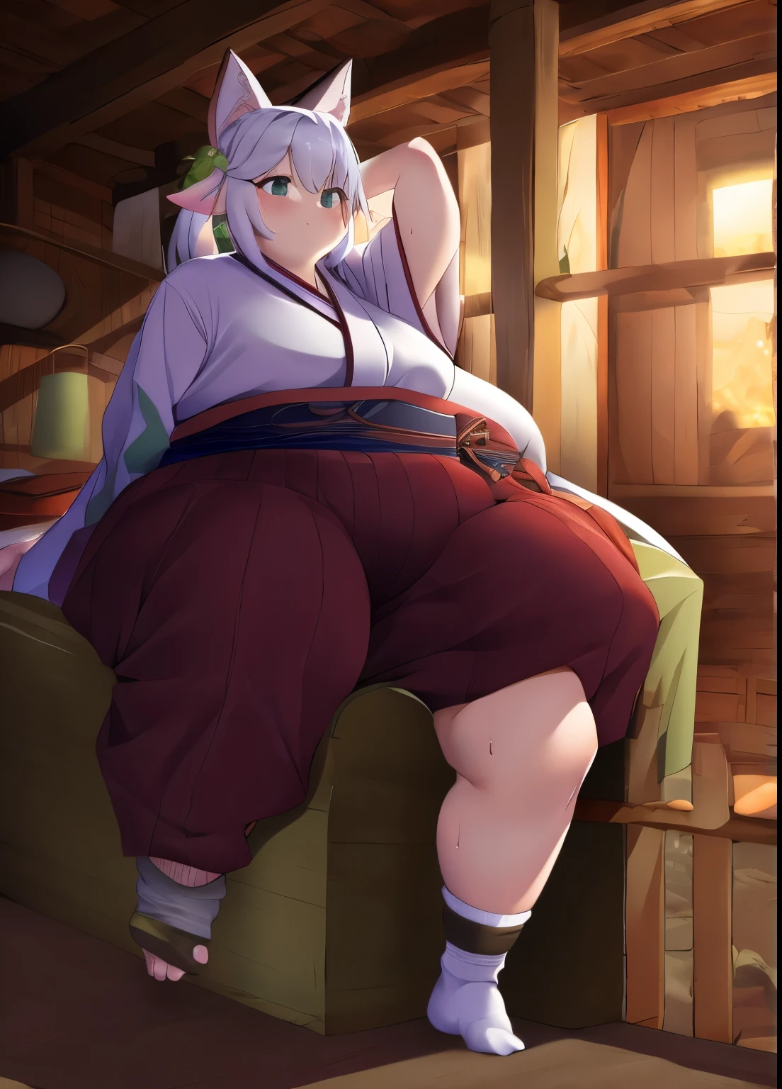 (masterpiece, highest quality, super detailed)Demon Fox、fox ears、Shirakio、9 tails、nahidaf,girl、 Detailed hands, Detailed Face, detailed feet, Detailed Eyes, 1girl, wide hips, thick thighs,極度のobesity, obesity, 太い脂肪の分厚い体格のgirl , swollen cheeks、Completely color-coded beauty,low length、white kimono、countryside, Medieval, inn,late night、 Sitting on a futon、Bewitching、indoors,socks
