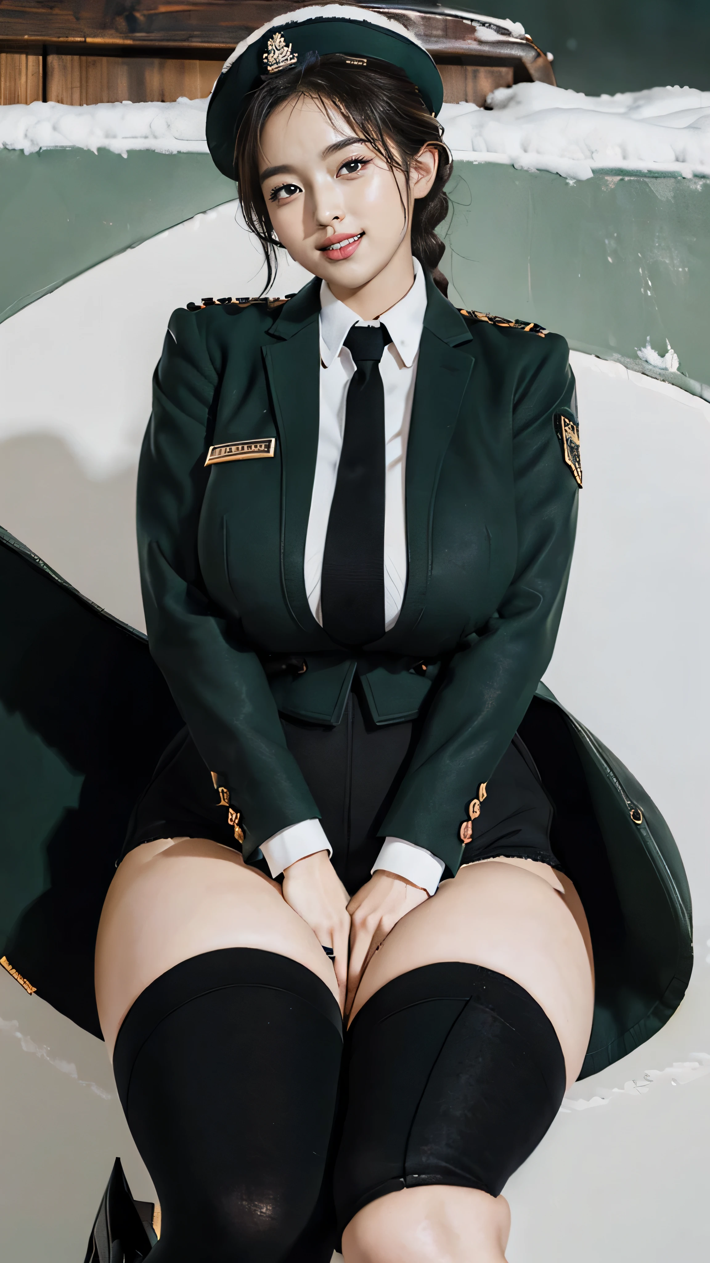 Typically detailed CG Unity 8K wallpapers，（masterpiece），（best quality），（Super detailed），（Super real photos），（Best character details：1.36），Nikon D750F / 1.4 55mm，original photo，professional lighting， Physically based rendering, 1 plump girl, female soldier，(Dark green military uniform，(Dark green military uniform)，business suit，Fabric texture military uniform, Perfect military calm)，(Wear a plain white shirt under the jacket:1.25)，(black tie)，((Black panty,))，bare legs，plump thighs,military cap，Large wavy curls，Do not tie your hair，Short hair details，Twist braids)，golden ratio,[:(Have a delicate face:1.2):0.2]:，pure face_v1，thick bushy eyebrows,(huge breasts:1.55),(huge ass),(plump thighs:1.45),(wide hips:1.55),((Place your finger to your mouth):1.4)，close-up，((Smile full of confidence， Shy，on snowy mountains):1.35)，(((Close-up of panties),Close-up of chest,face close-up,Front view，))，(sunset sky，gentlesunlight，sunshine on face，(light shining on face)，blue sky，sunny smile，brilliance)，white teeth，(look at me)，(((Tik, bbw sauce, Thick and tight, wide hips, Buttocks swell crazily,🐎🍑,(Spread your legs apart:1.2),attractive pose,sexy pose,standing split, Bare thighs, bare legs, seduct smile, film grain, Cinema lighting) )，azure lane style),spread legs,