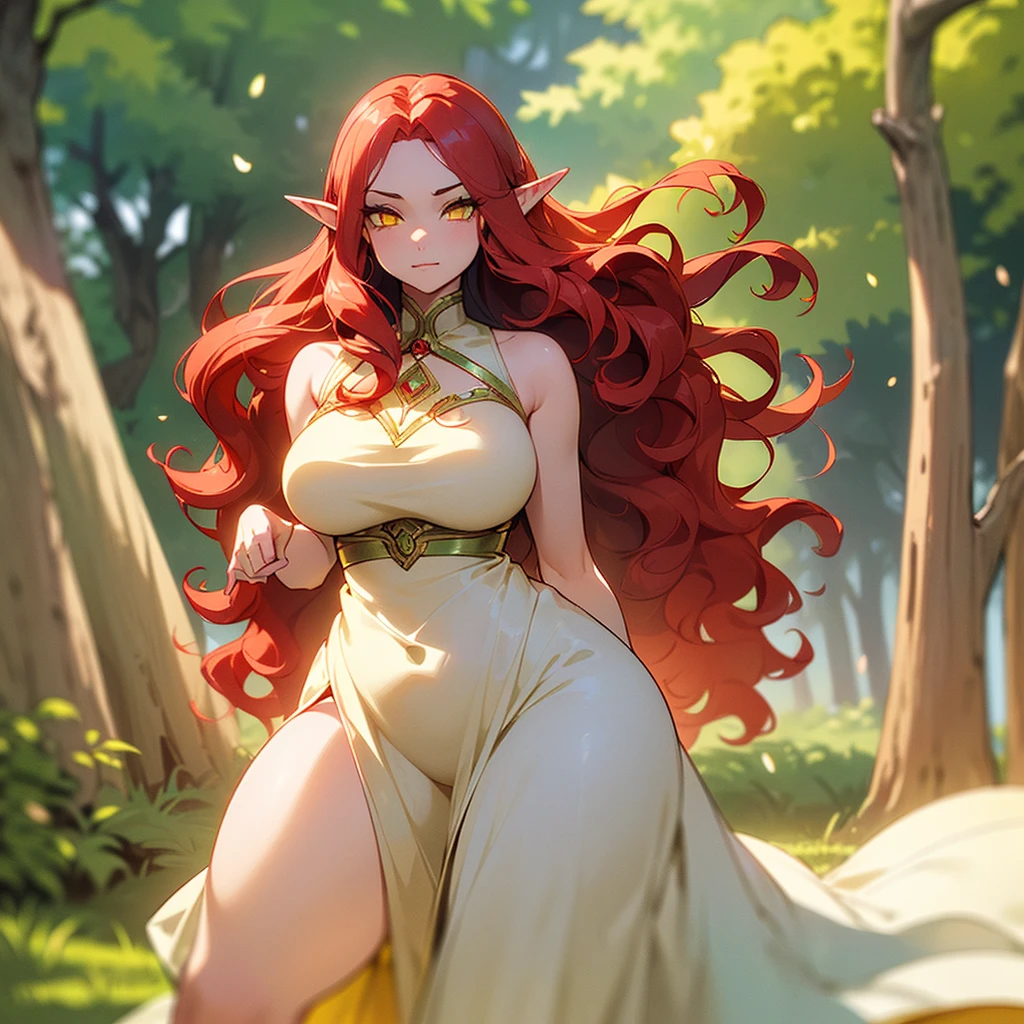 (((I want an elf woman alone, Fair skin, long wavy red hair, completely yellow and serene eyes, curvy body, Wearing a pretty dress and a sweet expression)))