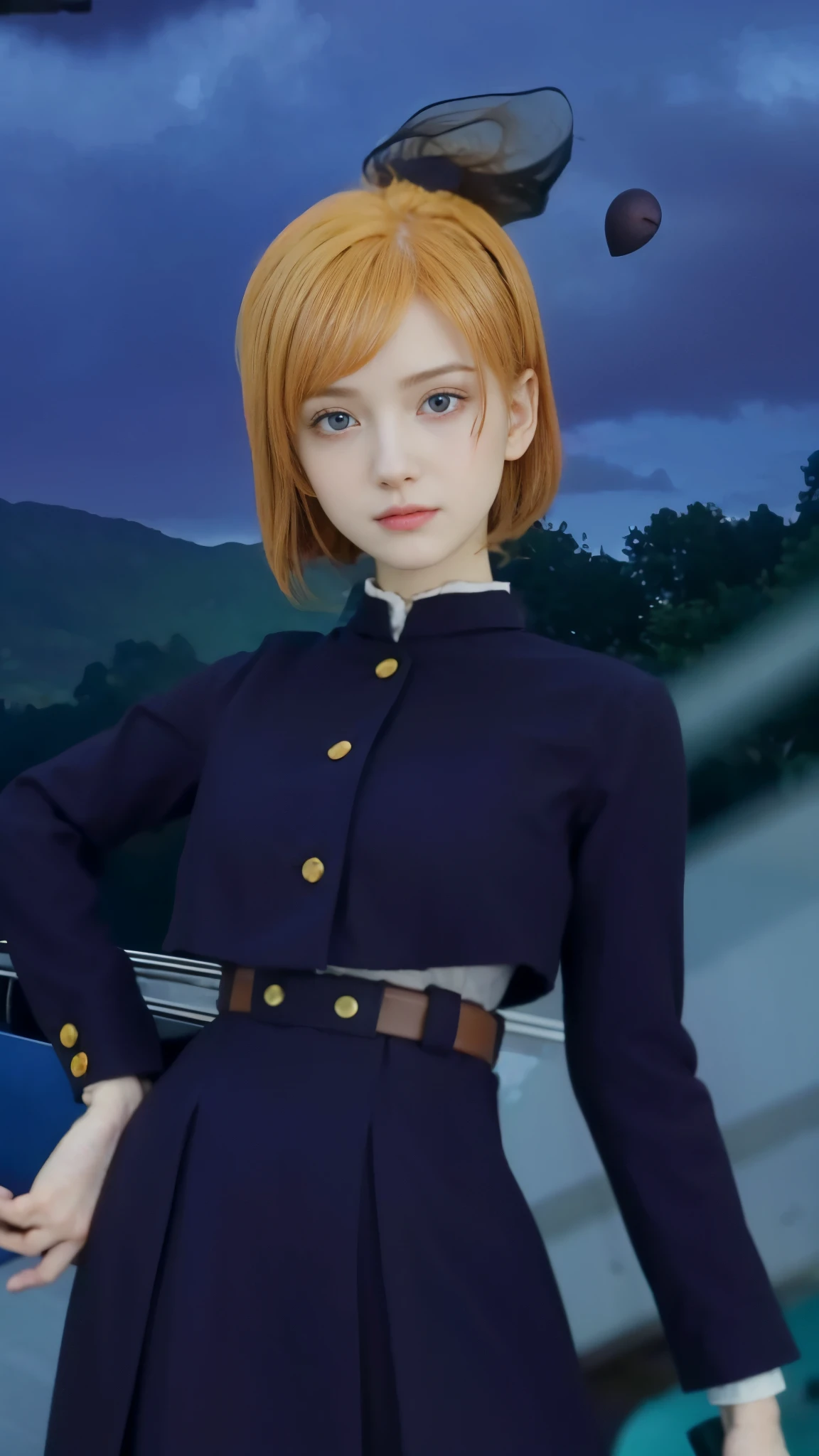 real life adaption of this character, beautiful face,realistic outfit,detailed pink eyes,realistic orange hair,realistic background,hyper realistic,realism,realistic light, realistic shadow,(photorealistic:1.2)