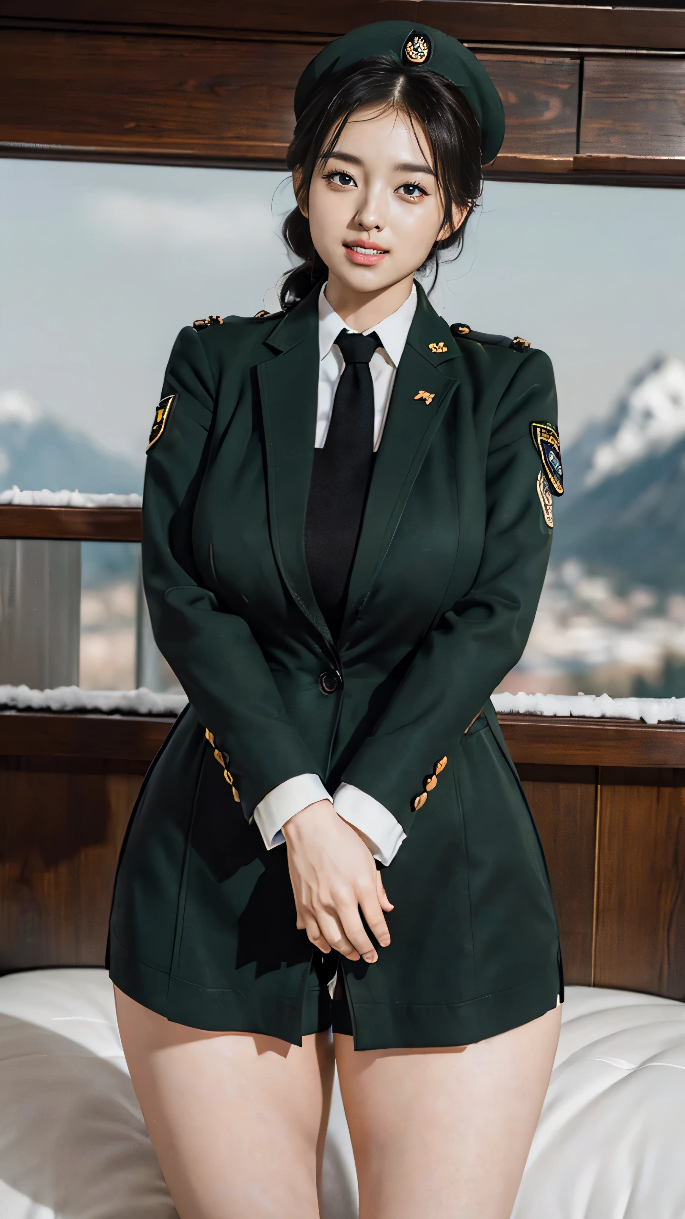 Typically detailed CG Unity 8K wallpapers，（masterpiece），（best quality），（Super detailed），（Super real photos），（Best character details：1.36），Nikon D750F / 1.4 55mm，original photo，professional lighting， Physically based rendering, 1 plump girl, female soldier，(Dark green military uniform，(Dark green military uniform)，business suit，Fabric texture military uniform, Perfect military calm)，(Wear a plain white shirt under the jacket:1.25)，(black tie)，((Black panty,))，bare legs，plump thighs,military cap，Large wavy curls，Do not tie your hair，Short hair details，Twist braids)，golden ratio,[:(Have a delicate face:1.2):0.2]:，pure face_v1，thick bushy eyebrows,(huge breasts:1.55),(huge ass),(plump thighs:1.45),(wide hips:1.55),((Place your finger to your mouth):1.4)，close-up，((Smile full of confidence， Shy，on snowy mountains):1.35)，(((Close-up of panties),Close-up of chest,face close-up,Front view，))，(sunset sky，gentlesunlight，sunshine on face，(light shining on face)，blue sky，sunny smile，brilliance)，white teeth，(look at me)，(((Tik, bbw sauce, Thick and tight, wide hips, Buttocks swell crazily,🐎🍑,(Spread your legs apart:1.2),attractive pose,sexy pose,standing split, Bare thighs, bare legs, seduct smile, film grain, Cinema lighting) )，azure lane style),spread legs,