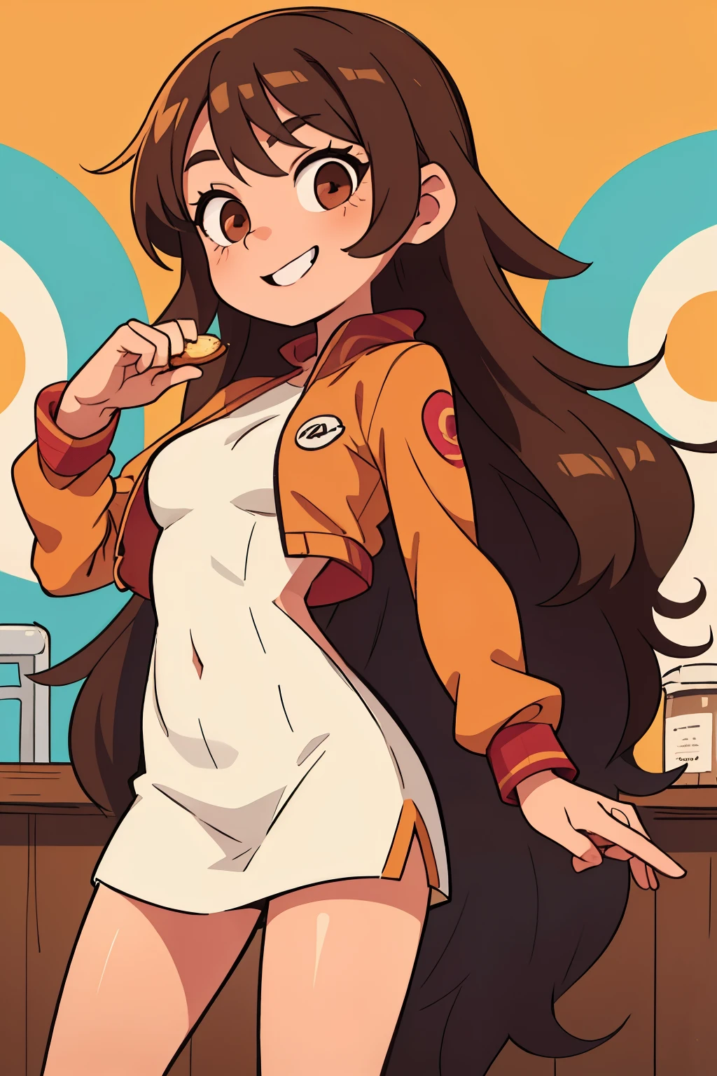 Girl with long brown hair, ojos Cafe, chaqueta cafe, sonriente, fondo completamente blanco