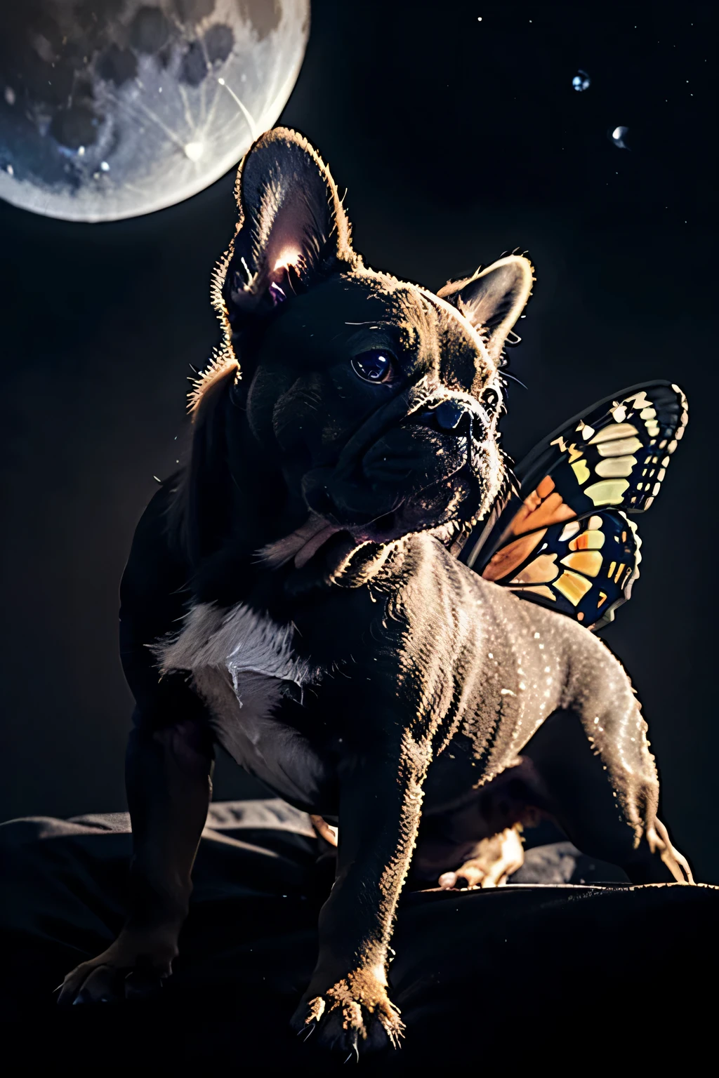French bulldog with butterfly wings, in the middle of space, com a lua bem perto do fundo.
