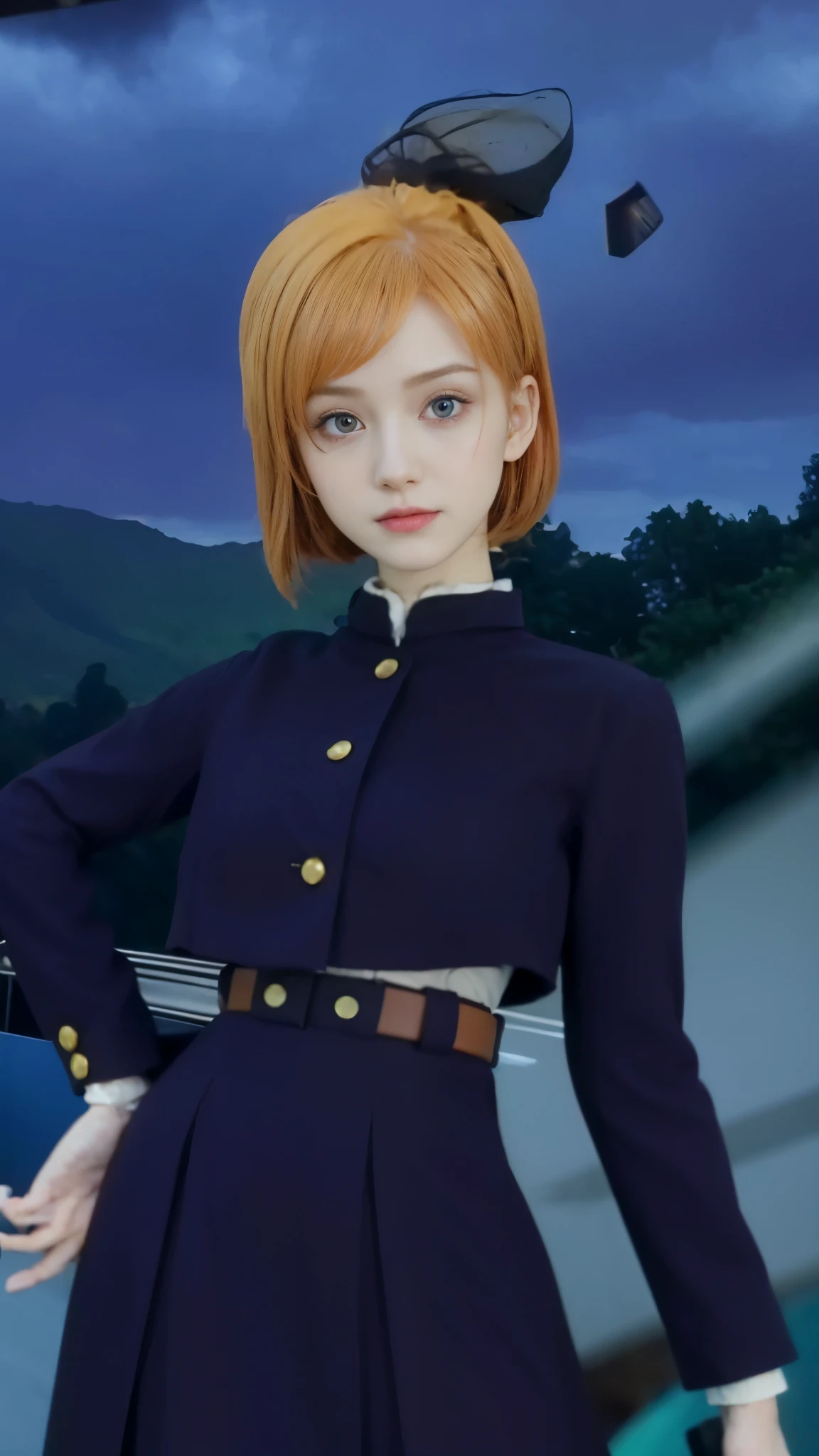 real life adaption of this character, beautiful face,realistic outfit,detailed pink eyes,realistic orange hair,realistic background,hyper realistic,realism,realistic light, realistic shadow,(photorealistic:1.2)