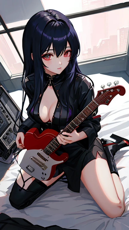 there is a woman that is laying down on a bed，holding an guitar, Guviz-style artwork, style of anime4 K, Ross Tran 8 K, Digital cyberpunk anime art, Guweiz in Pixiv ArtStation, Guweiz on ArtStation Pixiv, e - girl, E-Girl, cyberpunk anime girl, Fanart Meilleure ArtStation，transparent blacksilk, looking from above (ceiling)
