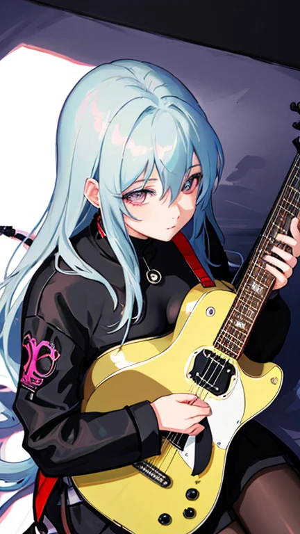 there is a woman that is laying down on a bed，holding an guitar, Guviz-style artwork, style of anime4 K, Ross Tran 8 K, Digital cyberpunk anime art, Guweiz in Pixiv ArtStation, Guweiz on ArtStation Pixiv, e - girl, E-Girl, cyberpunk anime girl, Fanart Meilleure ArtStation，transparent blacksilk, looking from above (ceiling)