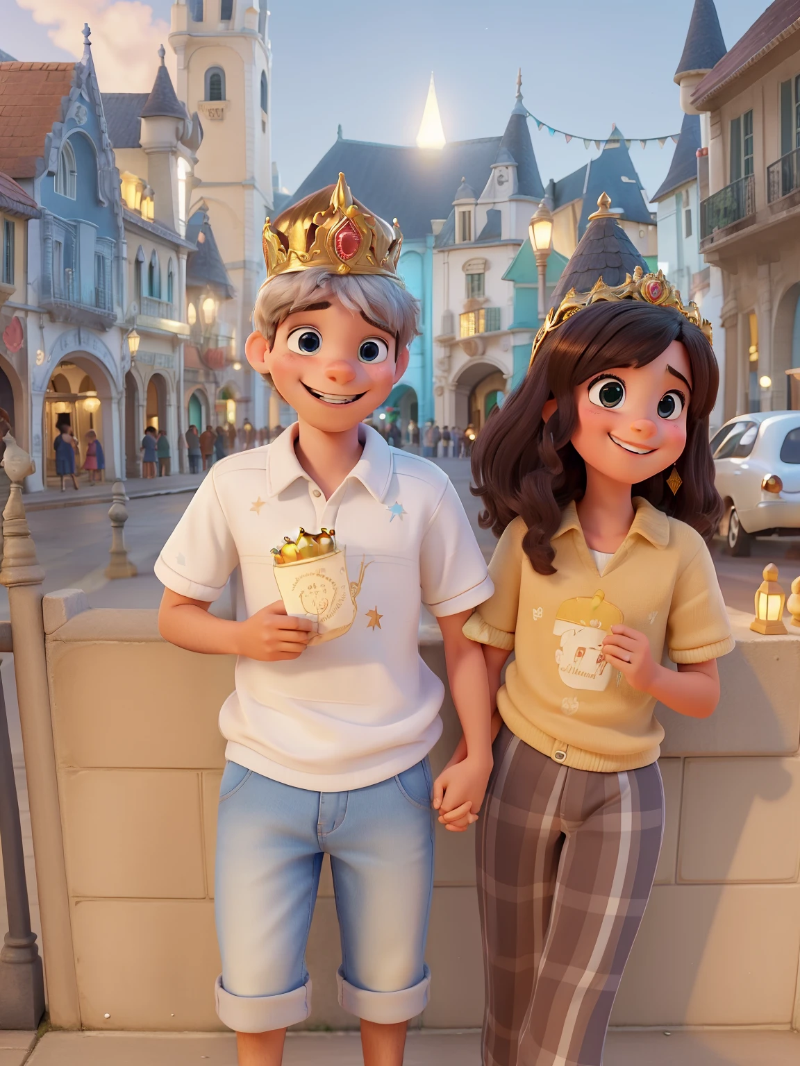Uma imagem premiada de um casal jovem sorrindo, in a square at night, in the style of Pixar animations, soft lighting and king's crown on their heads