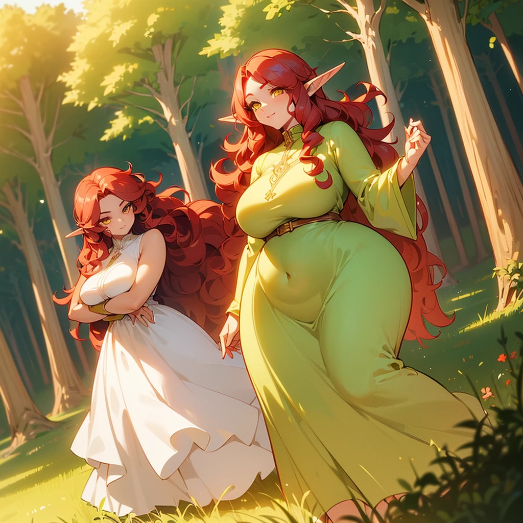 (((I want an elf woman alone, Fair skin, long wavy red hair, completely yellow and serene eyes, curvy body, Wearing a pretty dress and a sweet expression)))
