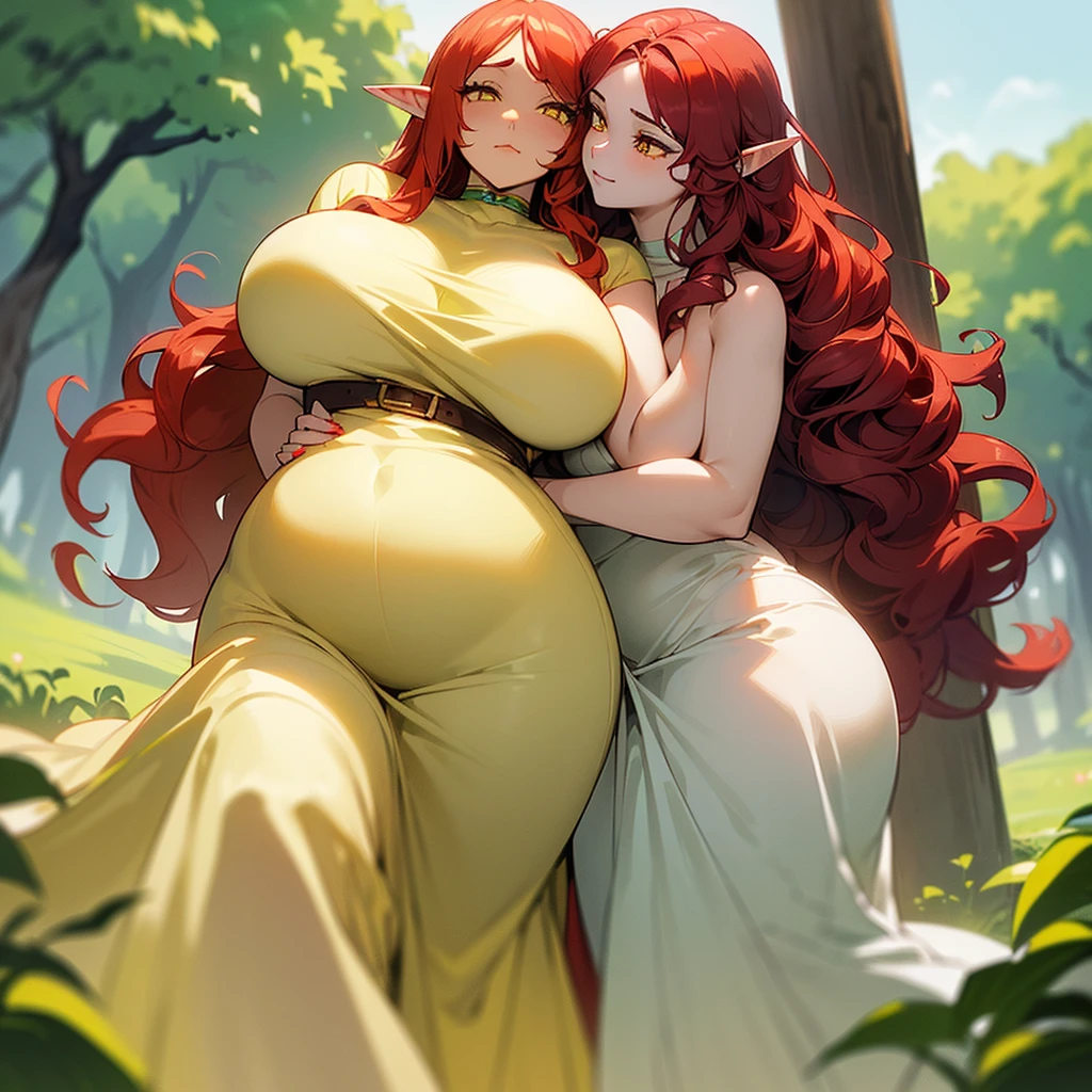(((I want an elf woman alone, Fair skin, long wavy red hair, completely yellow and serene eyes, curvy body, Wearing a pretty dress and a sweet expression)))