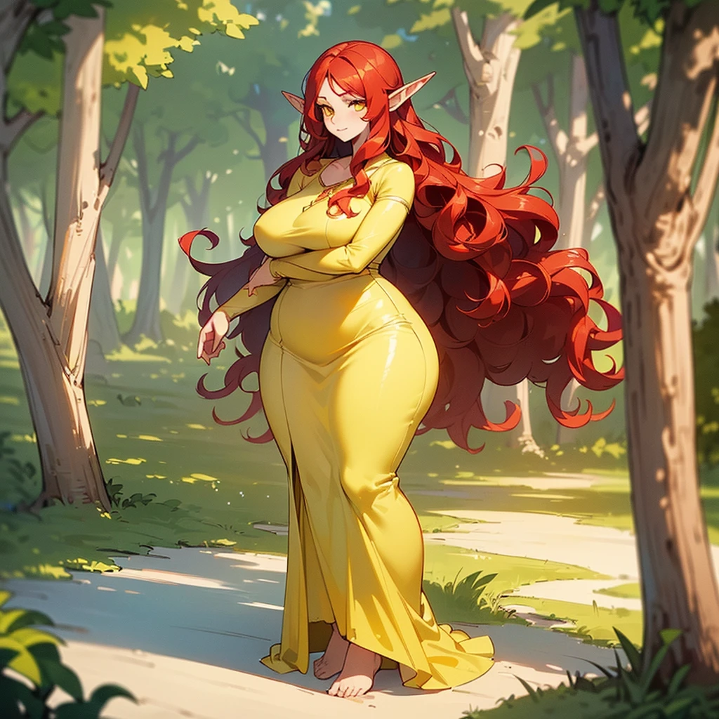 (((I want an elf woman alone, Fair skin, long wavy red hair, completely yellow and serene eyes, curvy body, Wearing a pretty dress and a sweet expression)))