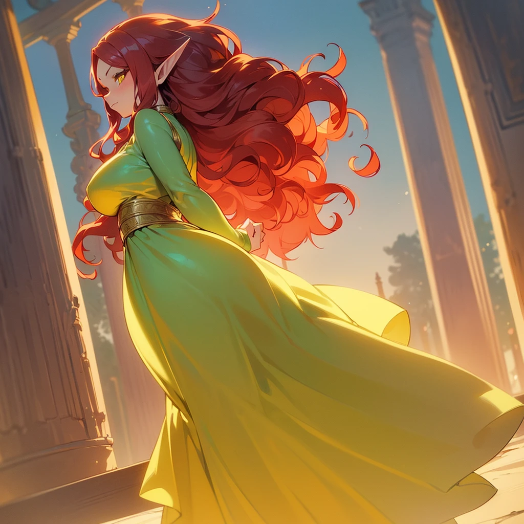 (((I want an elf woman alone, Fair skin, long wavy red hair, completely yellow and serene eyes, curvy body, Wearing a pretty dress and a sweet expression)))