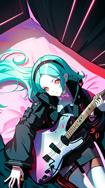 there is a woman that is laying down on a bed，holding an guitar, Guviz-style artwork, style of anime4 K, Ross Tran 8 K, Digital cyberpunk anime art, Guweiz in Pixiv ArtStation, Guweiz on ArtStation Pixiv, e - girl, E-Girl, cyberpunk anime girl, Fanart Meilleure ArtStation，transparent blacksilk, looking from above (ceiling)