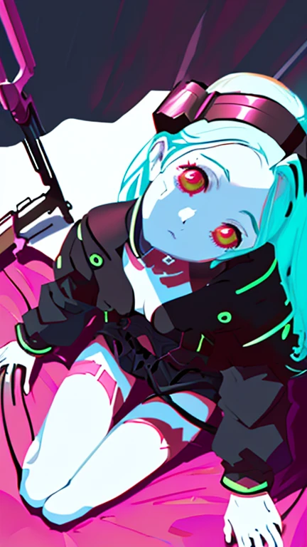 there is a woman that is laying down on a bed，holding an guitar, Guviz-style artwork, style of anime4 K, Ross Tran 8 K, Digital cyberpunk anime art, Guweiz in Pixiv ArtStation, Guweiz on ArtStation Pixiv, e - girl, E-Girl, cyberpunk anime girl, Fanart Meilleure ArtStation，transparent blacksilk, looking from above (ceiling)