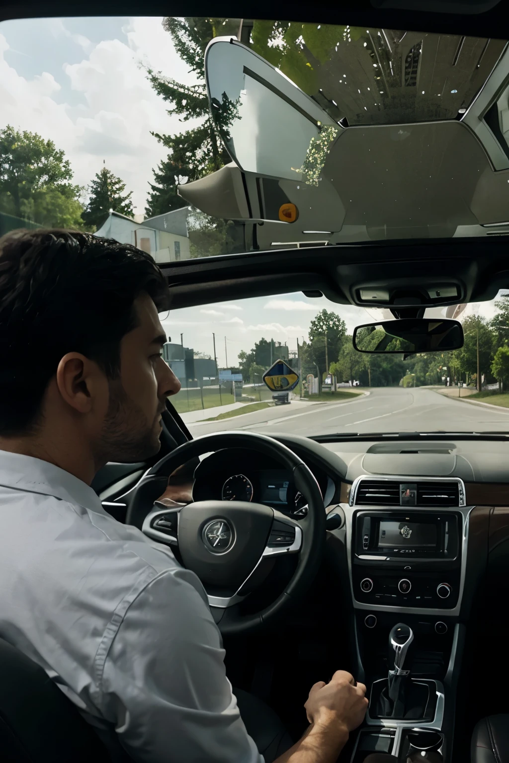man inside the car with a view of the road through the windshield