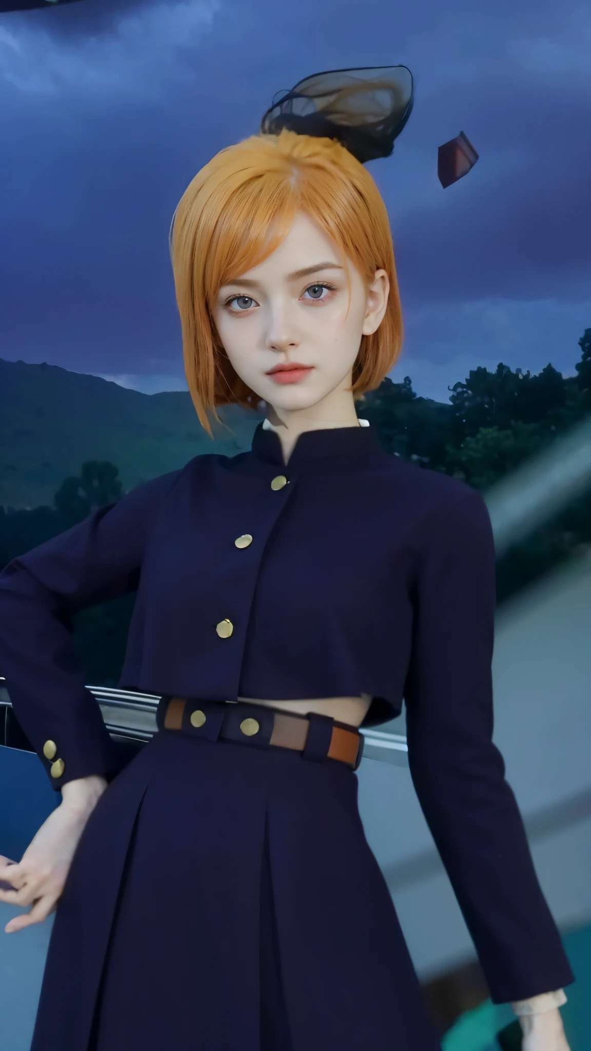 real life adaption of this character, beautiful face,realistic outfit,detailed pink eyes,realistic orange hair,realistic background,hyper realistic,realism,realistic light, realistic shadow,(photorealistic:1.2)