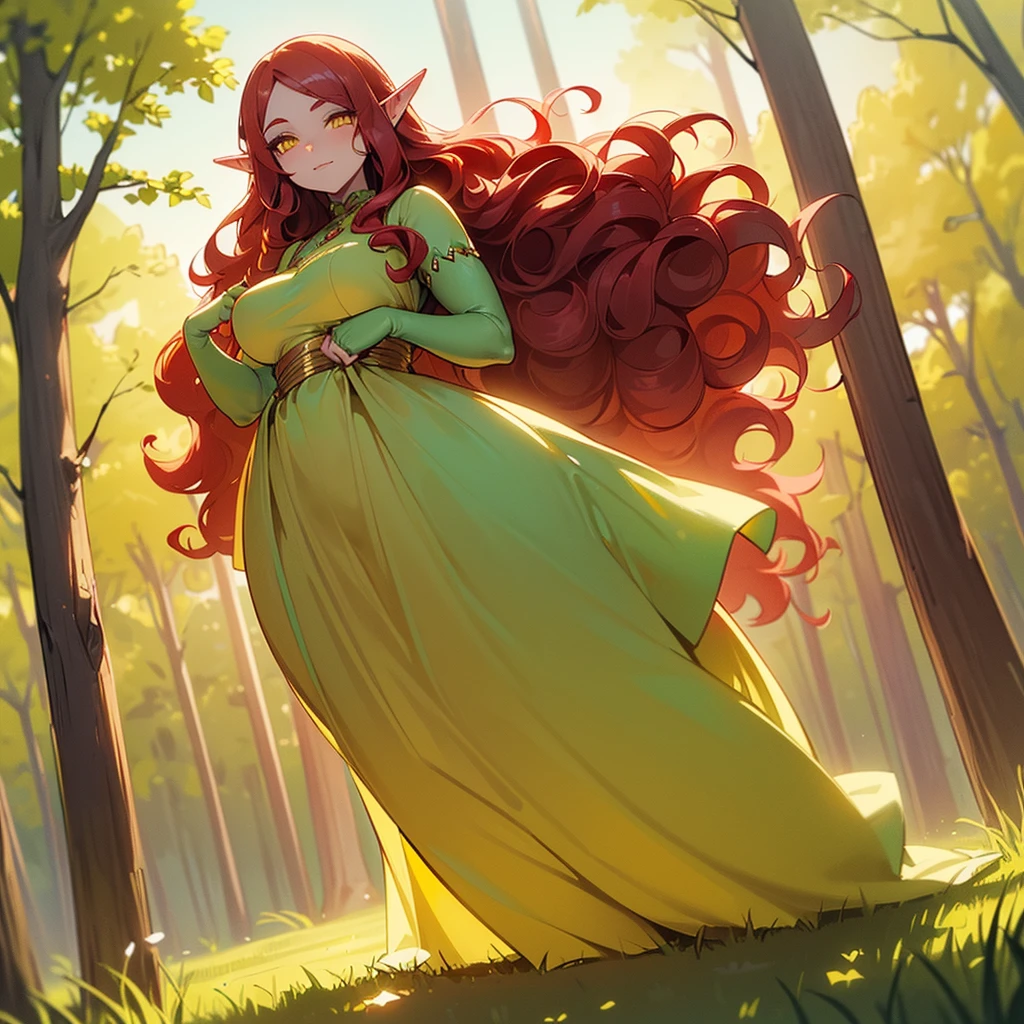 (((I want an elf woman alone, Fair skin, long wavy red hair, completely yellow and serene eyes, curvy body, Wearing a pretty dress and a sweet expression)))