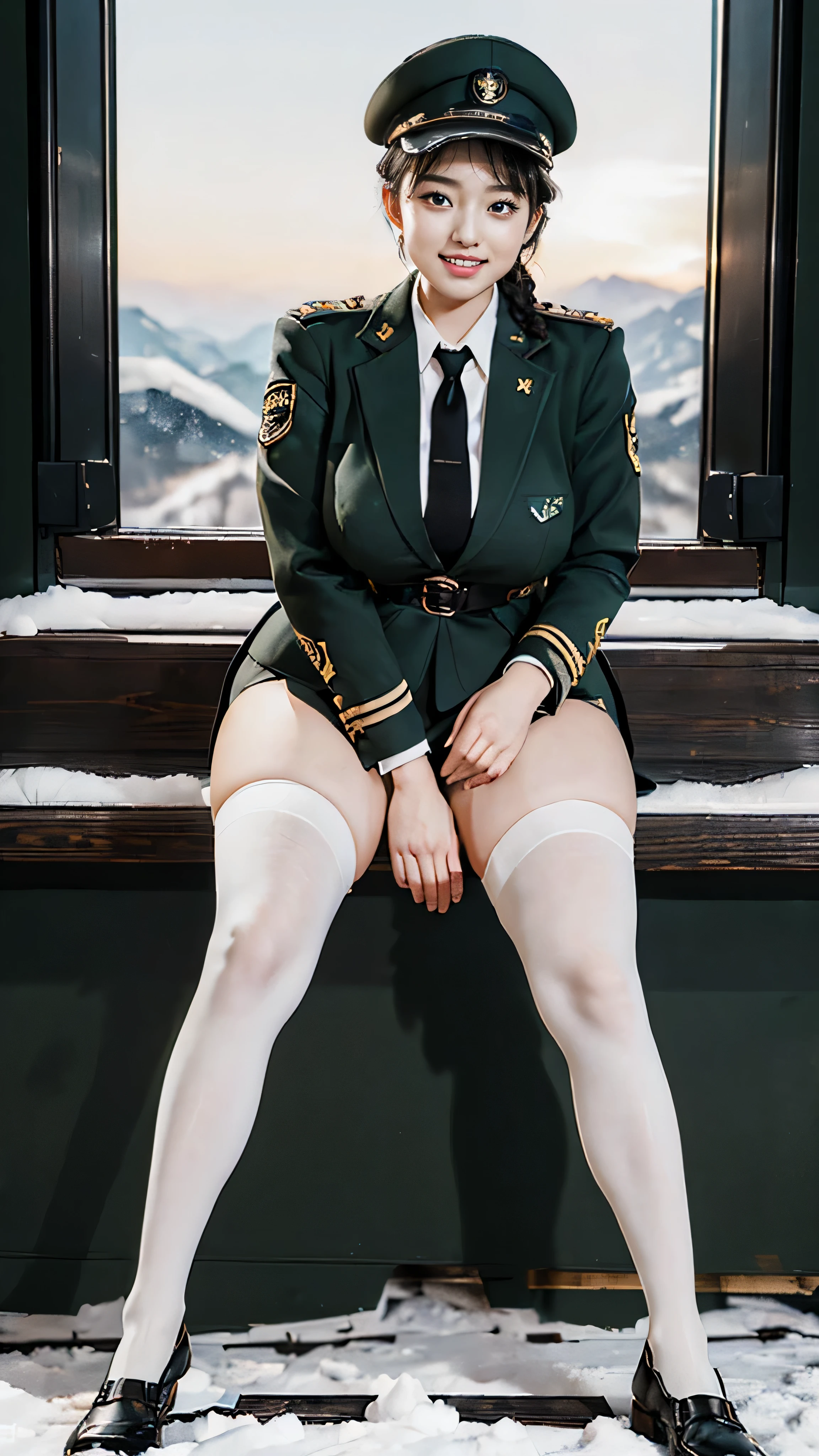 Typically detailed CG Unity 8K wallpapers，（masterpiece），（best quality），（Super detailed），（Super real photos），（Best character details：1.36），Nikon D750F / 1.4 55mm，original photo，professional lighting， Physically based rendering, 1 plump girl, female soldier，(Dark green military uniform，(Dark green military uniform)，business suit，Fabric texture military uniform, Perfect military calm)，(Wear a plain white shirt under the jacket:1.25)，(black tie)，((Black panty,))，bare legs，plump thighs,military cap，Large wavy curls，Do not tie your hair，Short hair details，Twist braids)，golden ratio,[:(Have a delicate face:1.2):0.2]:，pure face_v1，thick bushy eyebrows,(huge breasts:1.55),(huge ass),(plump thighs:1.45),(wide hips:1.55),((Place your finger to your mouth):1.4)，close-up，((Smile full of confidence， Shy，on snowy mountains):1.35)，(((Close-up of panties),Close-up of chest,face close-up,Front view，))，(sunset sky，gentlesunlight，sunshine on face，(light shining on face)，blue sky，sunny smile，brilliance)，white teeth，(look at me)，(((Tik, bbw sauce, Thick and tight, wide hips, Buttocks swell crazily,🐎🍑,(Spread your legs apart:1.2),attractive pose,sexy pose,A woman in uniform sits cross-legged on a platform, Bare thighs, bare legs, seduct smile, film grain, Cinema lighting) )，azure lane style),spread legs,