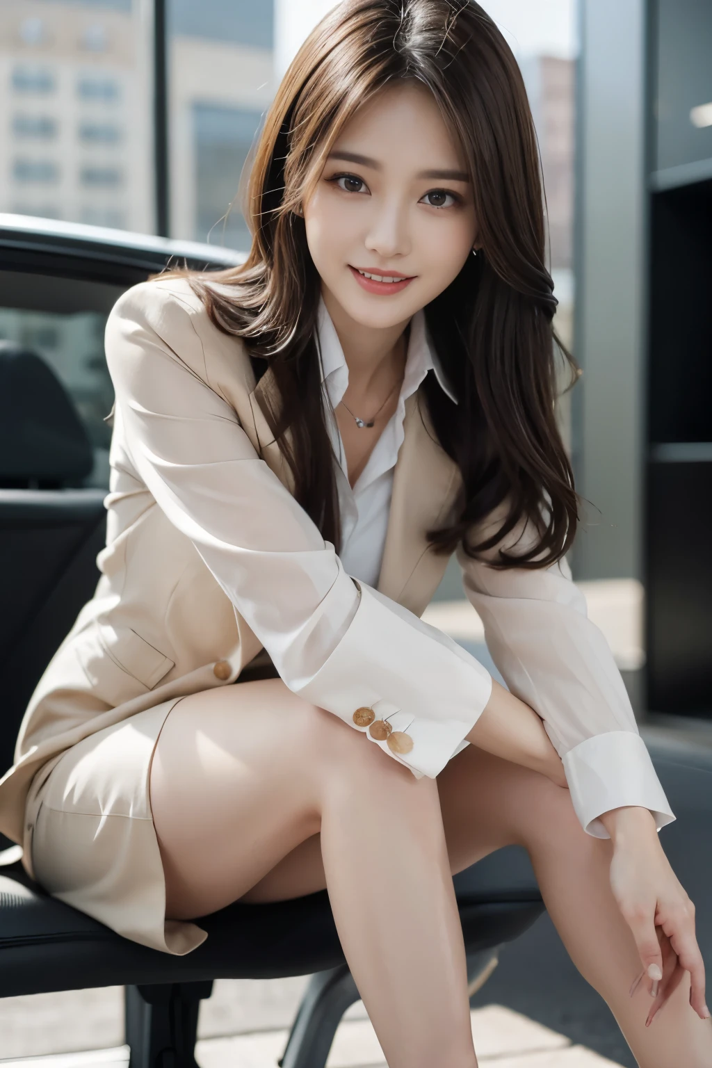 table top, best quality, realistic, very detailed, in detail, high resolution, 8k wallpapers, 1 beautiful woman,, Light brown messy hair, in a business suit, sharp focus, Complete dynamic configuration, beautiful and delicate eyes, detailed hair, 섬세하고 realistic 피부 결, laughing, Close-up portrait, Model Body Type, slender full body model , passenger car model, high heel, Longari
