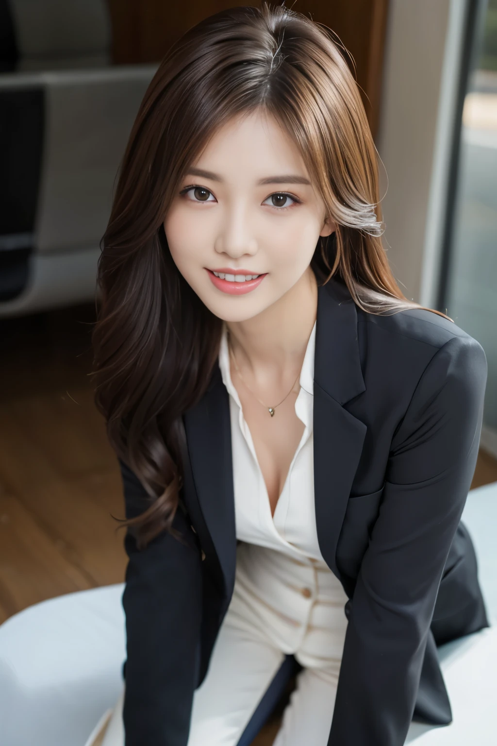 table top, best quality, realistic, very detailed, in detail, high resolution, 8k wallpapers, 1 beautiful woman,, Light brown messy hair, in a business suit, sharp focus, Complete dynamic configuration, beautiful and delicate eyes, detailed hair, 섬세하고 realistic 피부 결, laughing, Close-up portrait, Model Body Type, slender full body model , passenger car model, high heel, Longari