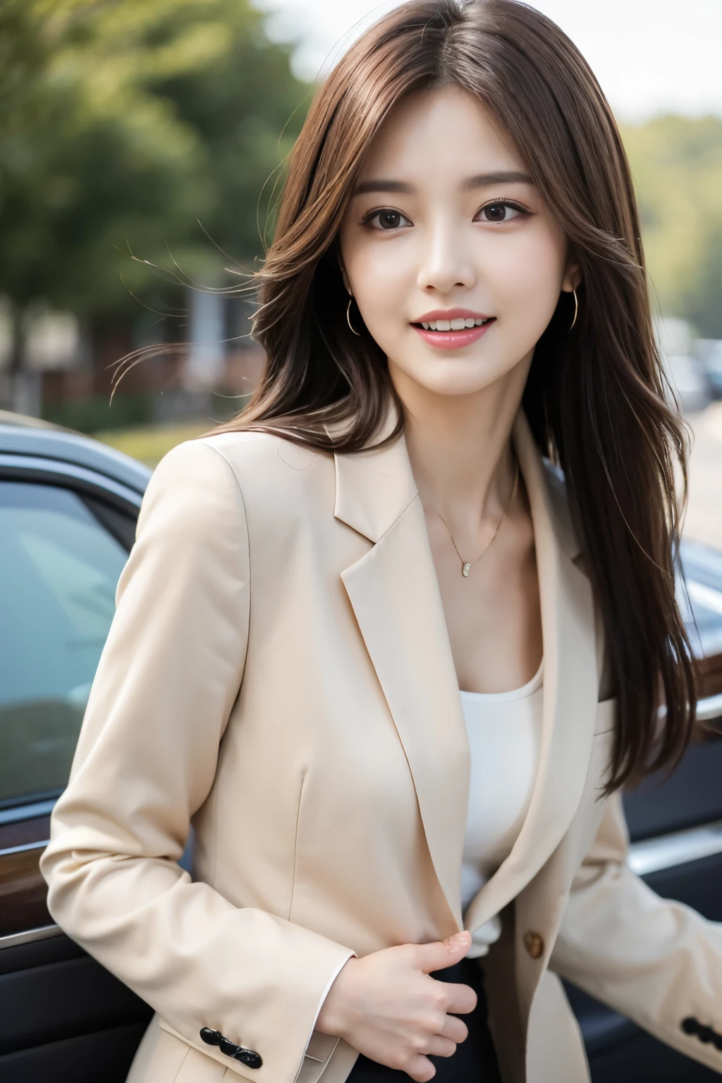 table top, best quality, realistic, very detailed, in detail, high resolution, 8k wallpapers, 1 beautiful woman,, Light brown messy hair, in a business suit, sharp focus, Complete dynamic configuration, beautiful and delicate eyes, detailed hair, 섬세하고 realistic 피부 결, laughing, Close-up portrait, Model Body Type, slender full body model , passenger car model, high heel, Longari