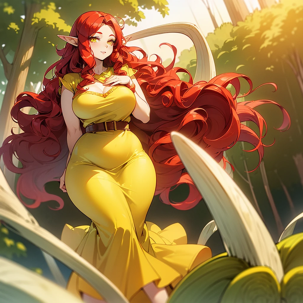 (((I want an elf woman alone, Fair skin, long wavy red hair, completely yellow and serene eyes, curvy body, Wearing a pretty dress and a sweet expression)))