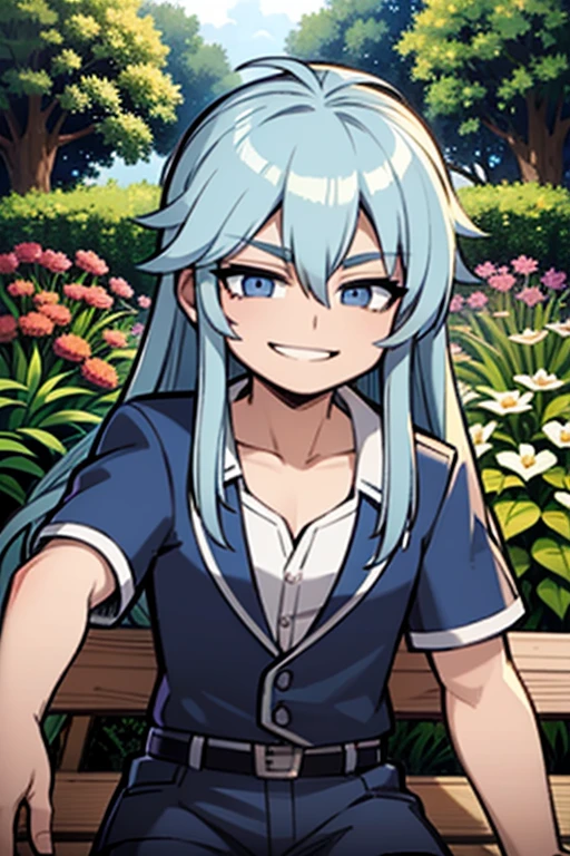 A muscular blue haired man with silver eyes and long hair is smiling on a bench is smiling in a garden
