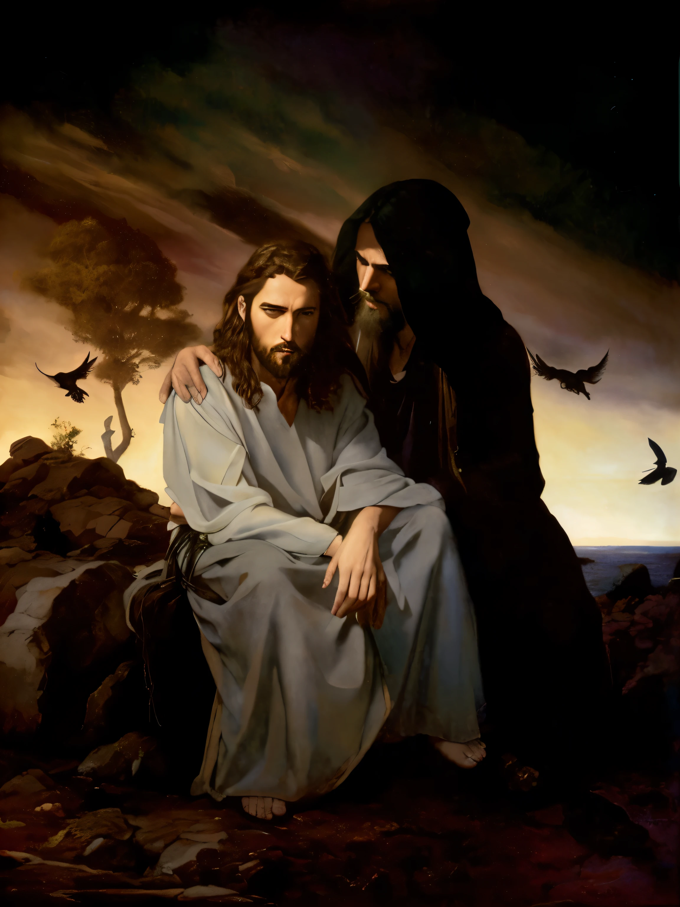 pintura de jesus e uma mulher sentada em uma rocha, Michael Whelan e Gustave terminaram, Rutkowski e Caravaggio, Jesus, Mark Brooks e Brad Kunkle, Bastien Lecouffe - Deharme, kramskoi, Donato Giancola e Tom Bagshaw, Geraldo Brom, Adi Granov, Alexei Yegorov, por Morris Kestelman
