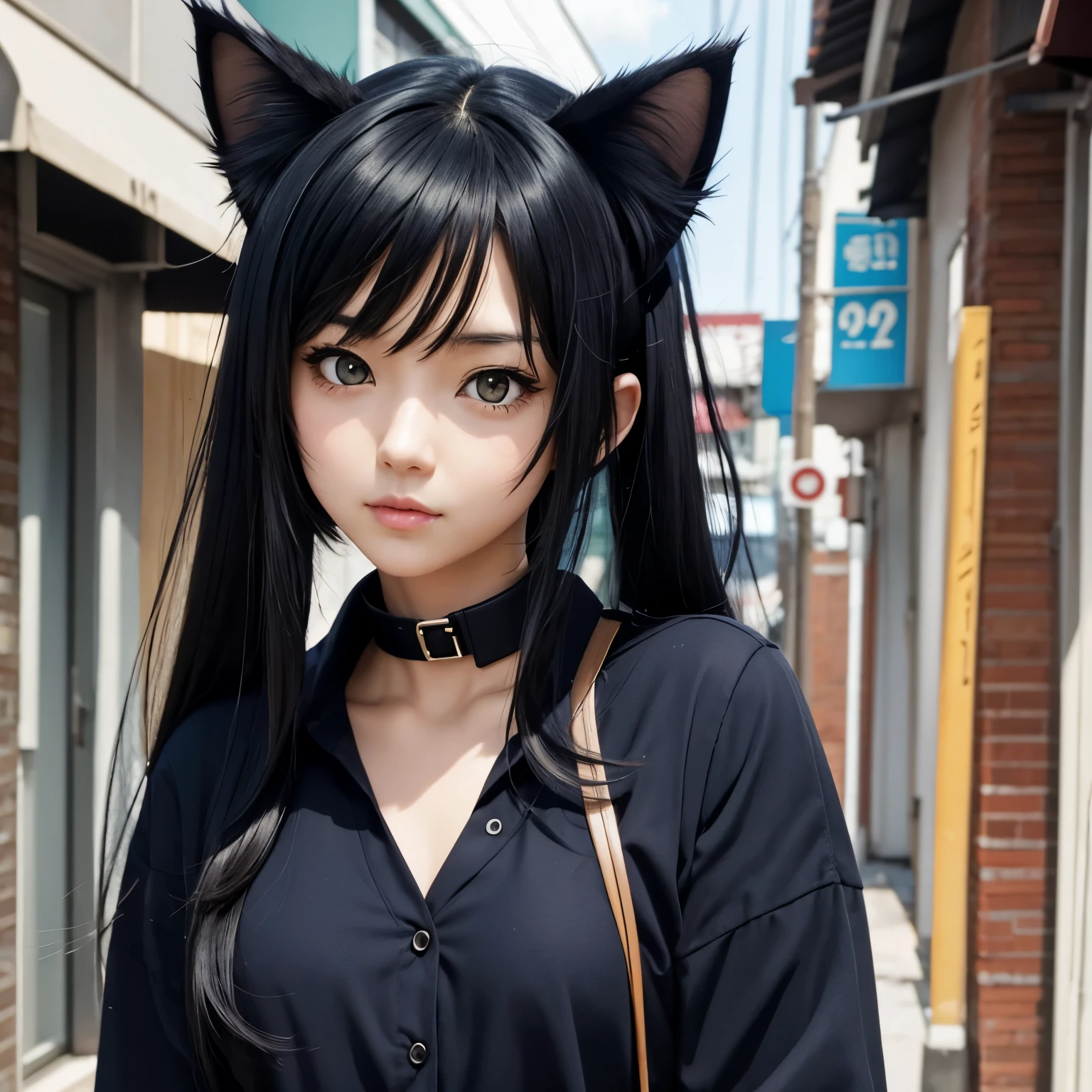 Cat ear、Blue collar、2D、anime、girl、black hair