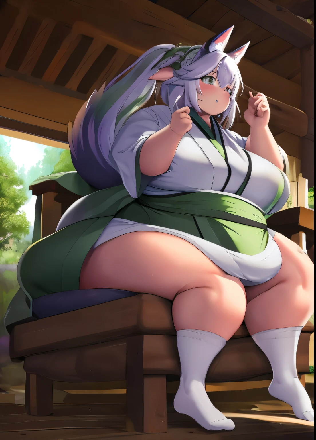 (masterpiece, highest quality, super detailed)Demon Fox、fox ears、Shirakio、9 tails、nahidaf,girl、 Detailed hands, Detailed Face, detailed feet, Detailed Eyes, 1girl, wide hips, thick thighs,極度のobesity, obesity, 太い脂肪の分厚い体格のgirl , swollen cheeks、Completely color-coded beauty,low length、white kimono、countryside, Medieval, inn,late night、 Sitting on a futon、Bewitching、indoors,socks