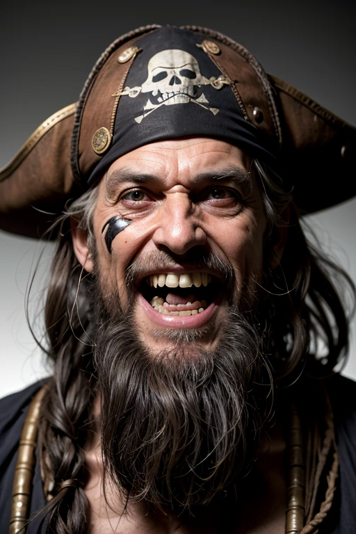 Professional portrait, man, old pirate, wrinkled face, long black beard, one-eyed, scar on face, evil smile, rotten teeth, tanned skin, old pirate hat, black background, eye contact, looking at viewer, masterpiece, best quality, perfect detail, perfect face detail, perfect eye detail, perfect skin detail, depth of field, perfect lighting