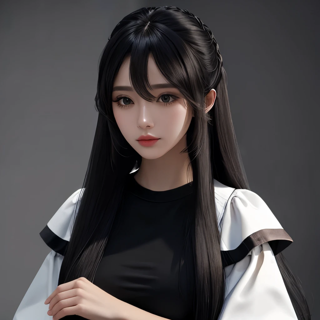 Masterpiece, absurdres, extremely detailed, woman, black tshirt (white sleeves), hair extensions, 
