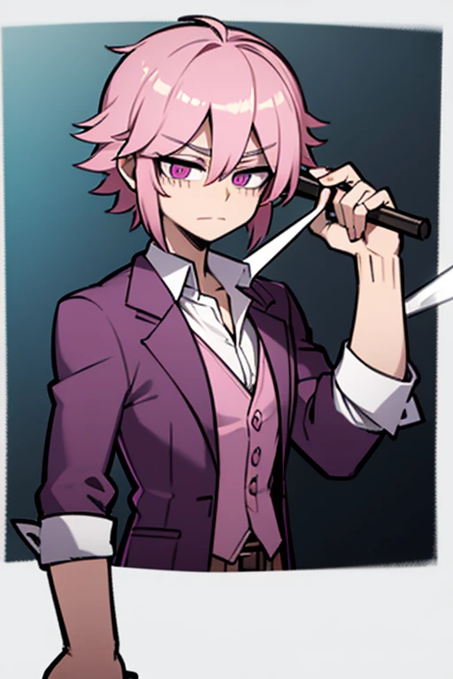 A handsome pink haired man with violet eyes is holding the scythe in the underworld