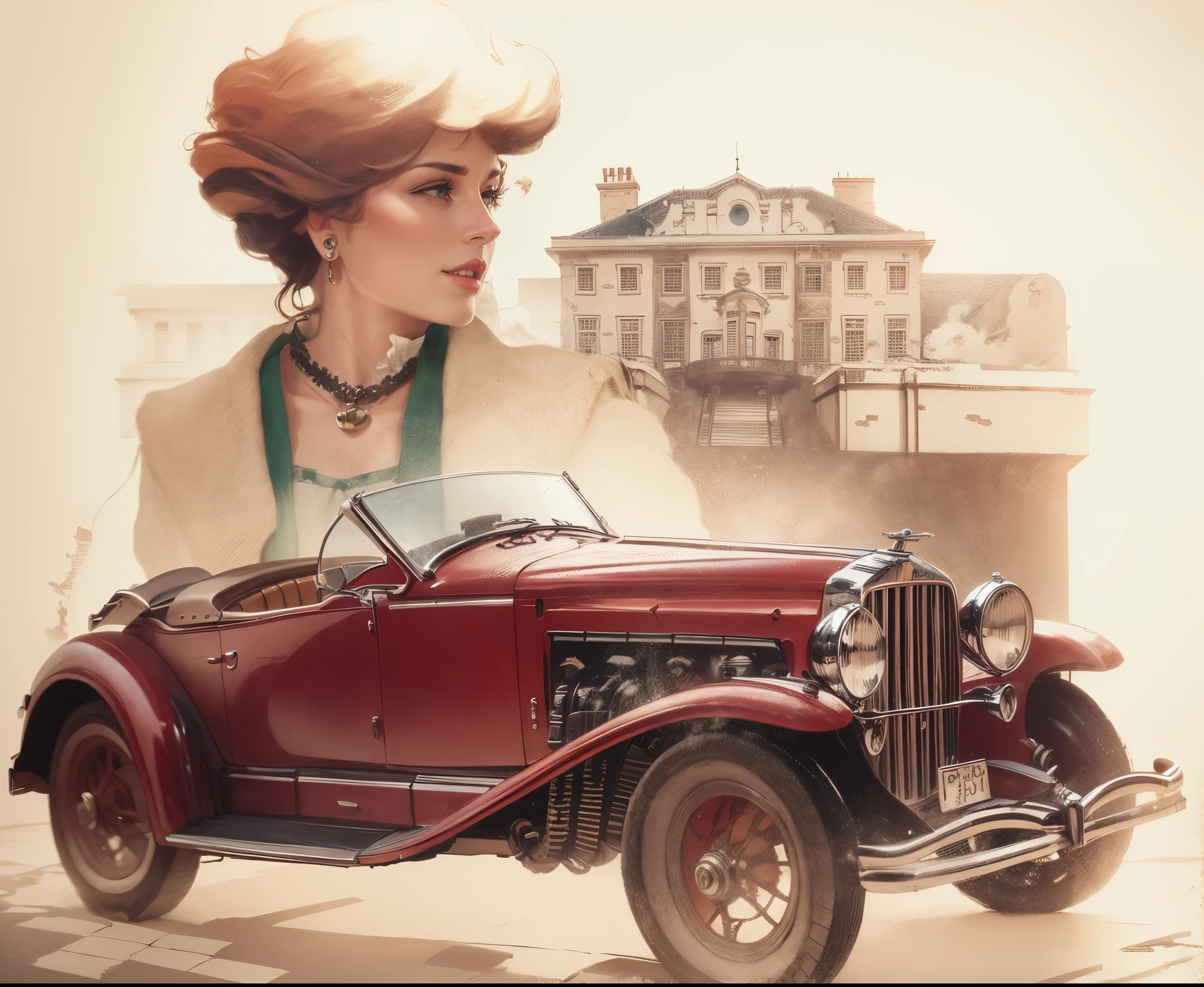 A beautiful and amazing RED brilliant vintage Duesemberg car in the foreground a Beautiful classic victorian lady behind and a steampunk mansion in the background