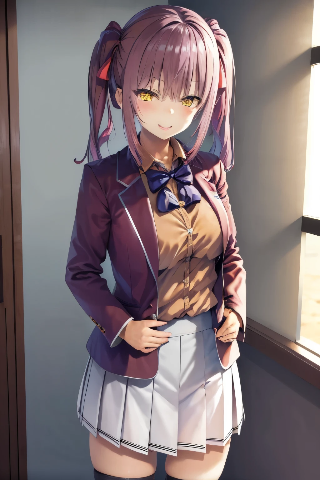 masterpiece, best quality, highres, 1girl amasawa ichika yellow eyes purple hair twintail, white skirt standing, hands in pockets