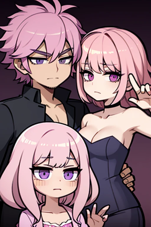 A handsome pink haired man with violet eyes is posing with a pink haired woman with violet eyes