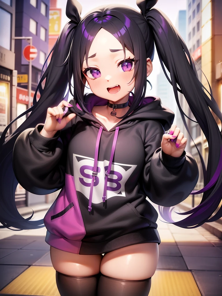 ((Split-color hair, black hair, purple hair)), purple eyes,purple hoodie,city,(twin tails), high quality, masterpiece, best quality, black,choker, visible forehead, open mouth, exposed forehead, thick thigh,flat chest, small breast, eating, hamburger, burger smile, chibi