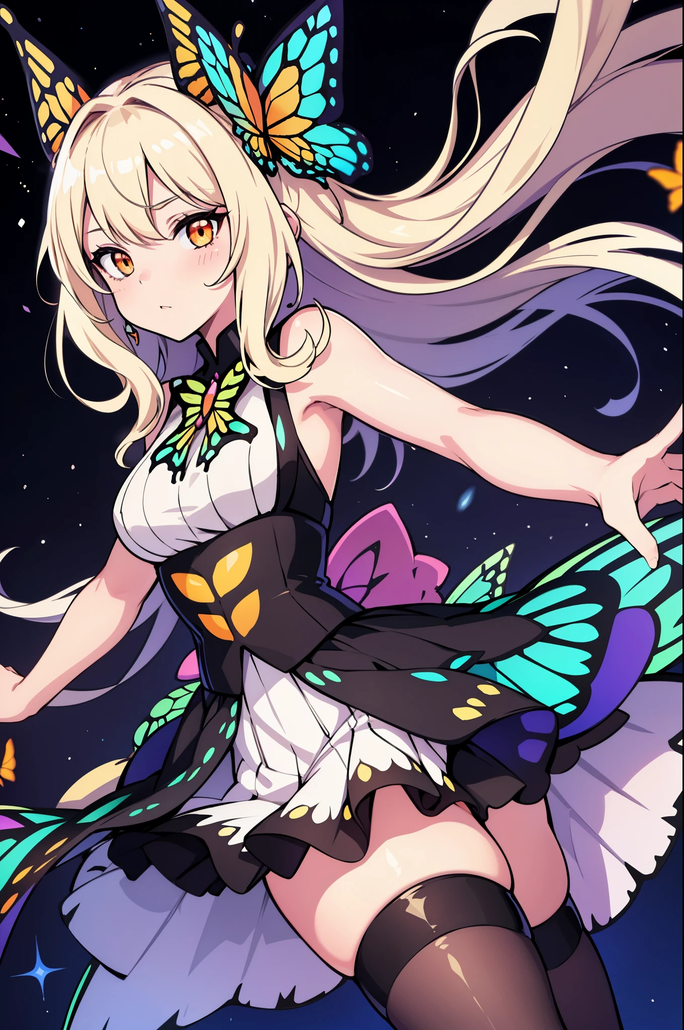 1girl, (butterfly ears:1.1), (platinum blonde hair), (curly hair), (long hair), (pale orange eyes), (dynamic pose), (colorful idol costume), (monarch butterfly), (mini skirt), (black pantyhose), (butterfly wings:1.3), (dynamic angle), more_details:-1, more_details:0, more_details:0.5, more_details:1, more_details:1.5, glowify, more prism, vibrant color, jewelry background, floating gems, floating glass pieces