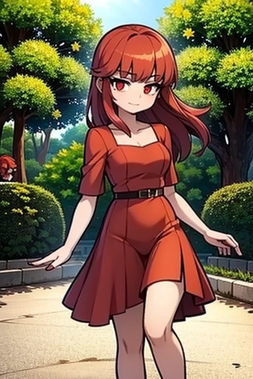 A red haired woman with red eyes is posing in a pretty dress in the park