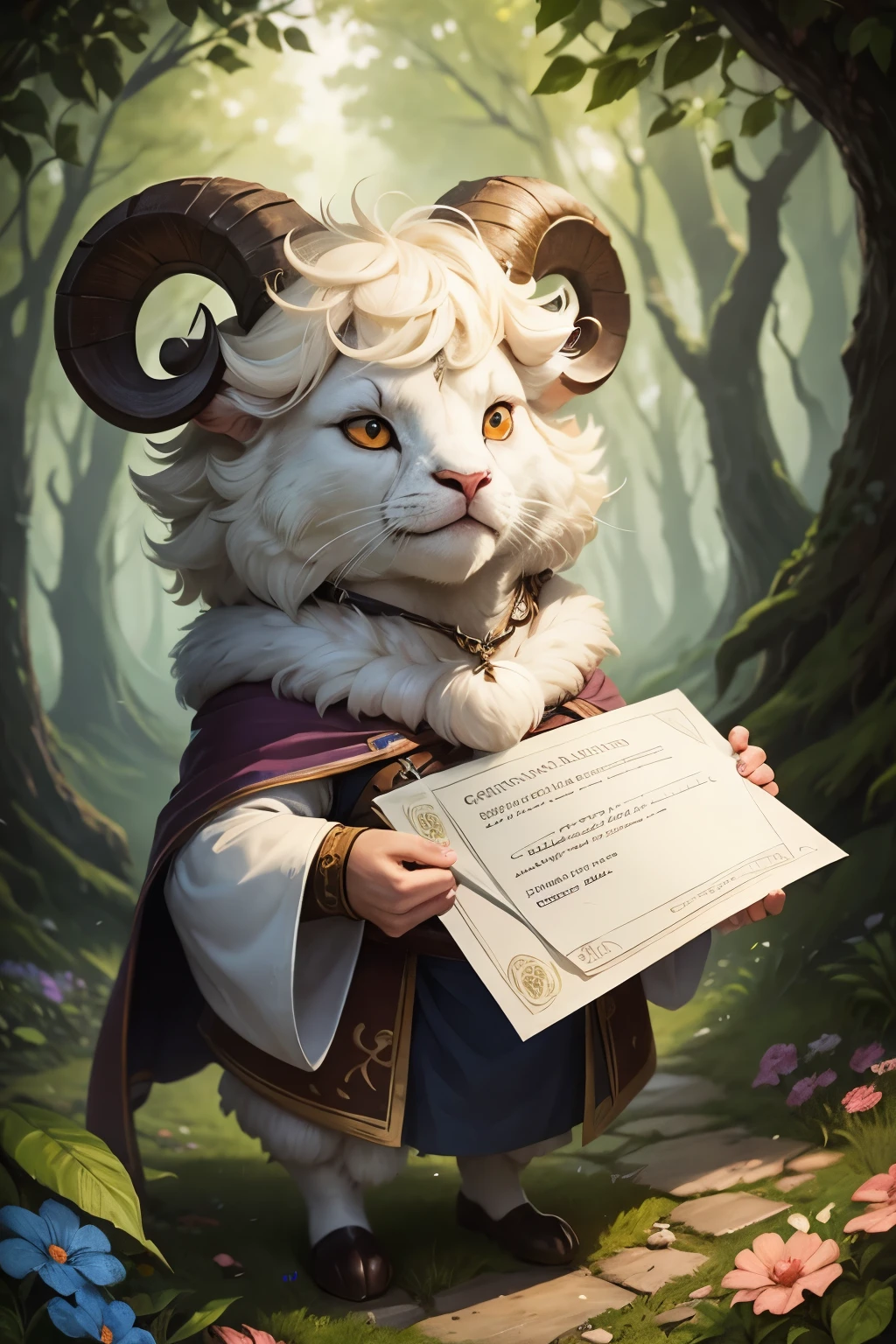 Fluffy ram holding an envelope in Everdell style