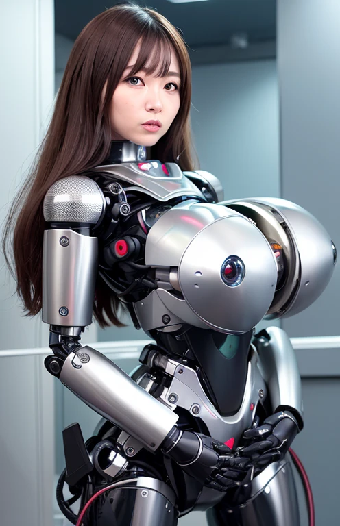 table top, high quality,40-year-old Japanese woman turned into an emotionless robot with huge breasts、 long brown hair, green eyes, mechanical ears, ball jointed doll、Silver metallic retro robot body, Very glamorous body、A cable is connected to the crotch、broken robot body、internal machinery exposed、robot-like movements、robot-like pose、emotionless、Expressionless、robot-like body、naughty robot、sexy robot、Sex Robot、Mechanical robot、silver metallic big breasts、Composition that shows the whole body